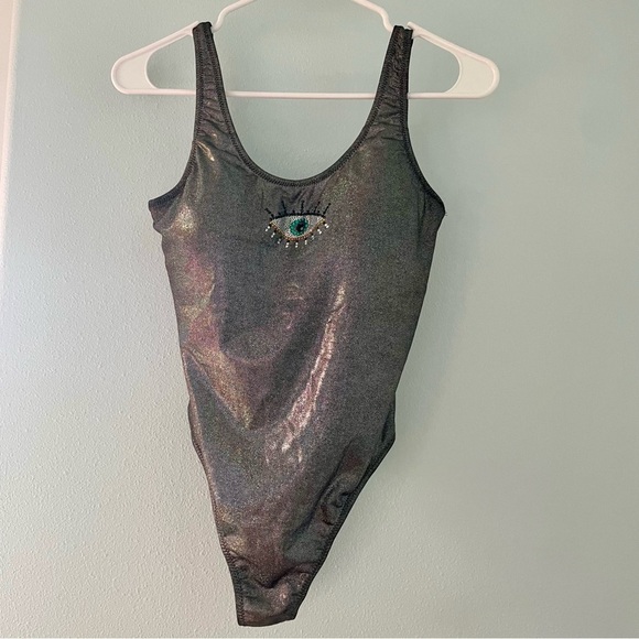 Kurt Geiger Eye Gunmetal Metallic One-Piece Swimsuit size large NWT - Picture 2 of 14